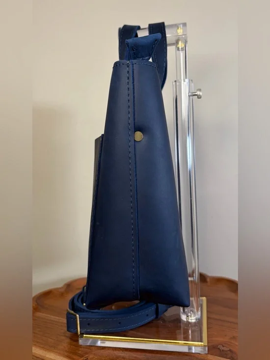 Portland Leather Mini Crossbody Tote Deep Water Blue EUC - Picture 10 of 15